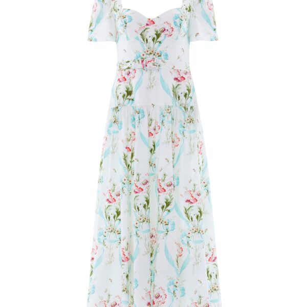 Needle & Thread Floral Ribbon Cotton Ballerina Dress in Optic White/Blue - Dresses - British Luxury Evening Wear at Coveti