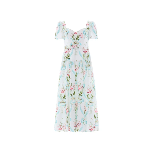 Needle & Thread Floral Ribbon Cotton Ballerina Dress in Optic White/Blue - Dresses - British Luxury Evening Wear at Coveti