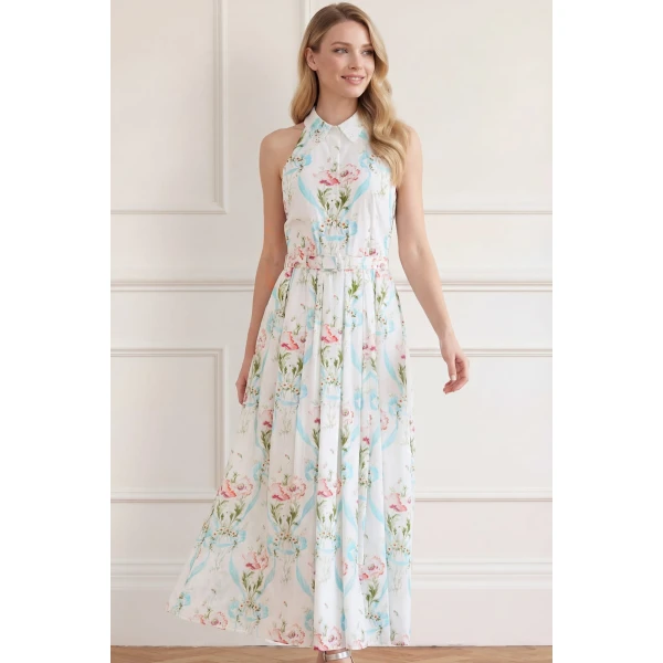Needle & Thread Floral Ribbon Cotton Halter Ankle Gown in Optic White/Blue - Dresses - British Luxury Evening Wear at Coveti