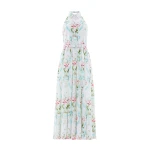 Needle & Thread Floral Ribbon Cotton Halter Ankle Gown in Optic White/Blue - Dresses - British Luxury Evening Wear at Coveti