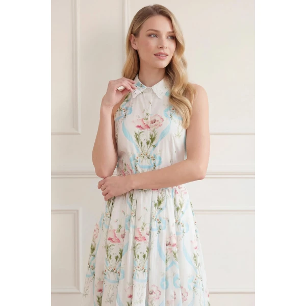 Needle & Thread Floral Ribbon Cotton Halter Ankle Gown in Optic White/Blue - Dresses - British Luxury Evening Wear at Coveti