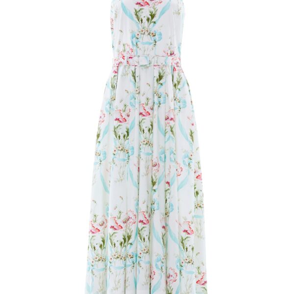 Needle & Thread Floral Ribbon Cotton Halter Ankle Gown in Optic White/Blue - Dresses - British Luxury Evening Wear at Coveti