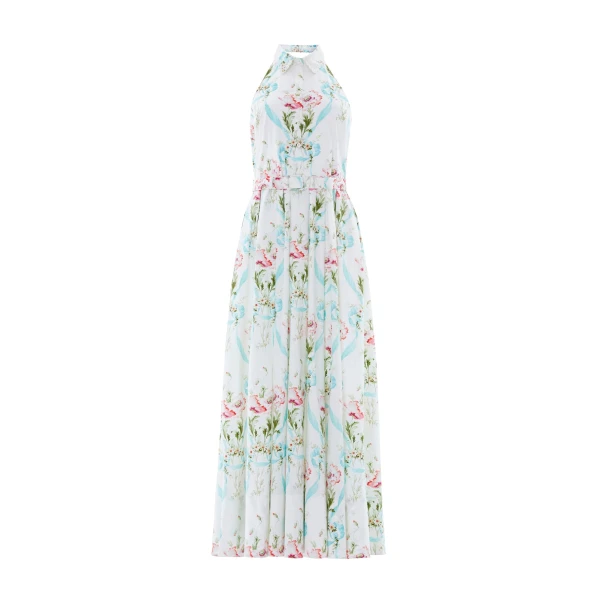 Needle & Thread Floral Ribbon Cotton Halter Ankle Gown in Optic White/Blue - Dresses - British Luxury Evening Wear at Coveti