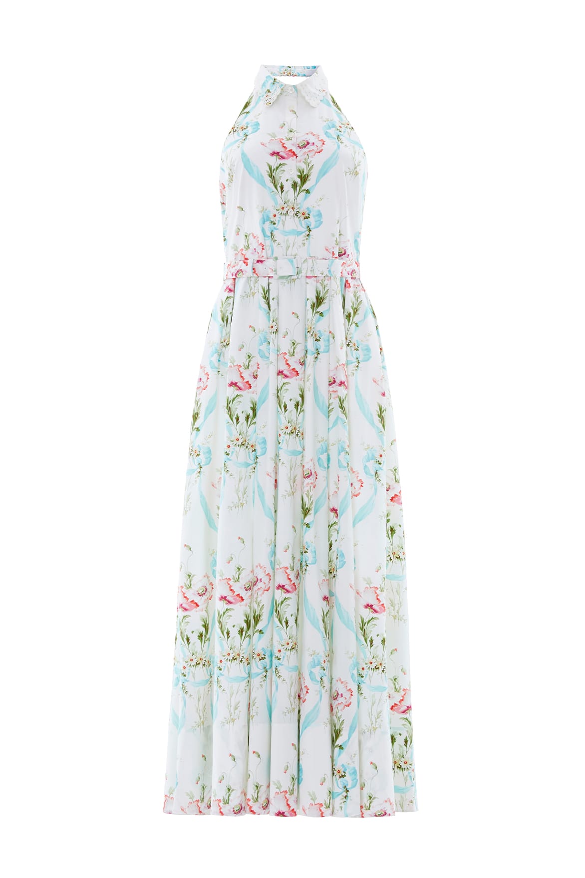 Needle & Thread Floral Ribbon Cotton Halter Ankle Gown in Optic White/Blue - Dresses - British Luxury Evening Wear at Coveti