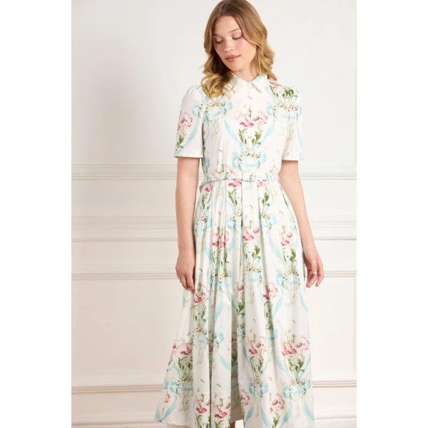 Needle & Thread Floral Ribbon Cotton Short Sleeve Ballerina Dress in Optic White/Blue - Dresses - British Luxury Evening Wear at Coveti