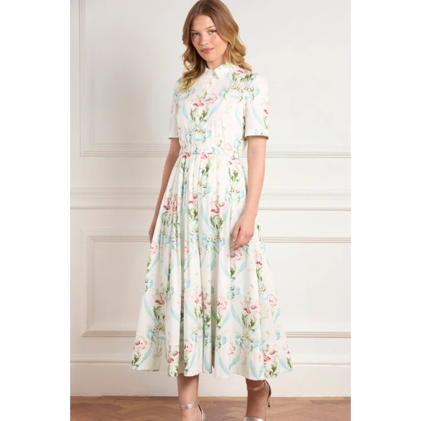 Needle & Thread Floral Ribbon Cotton Short Sleeve Ballerina Dress in Optic White/Blue - Dresses - British Luxury Evening Wear at Coveti
