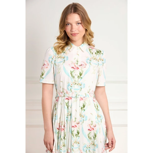 Needle & Thread Floral Ribbon Cotton Short Sleeve Ballerina Dress in Optic White/Blue - Dresses - British Luxury Evening Wear at Coveti