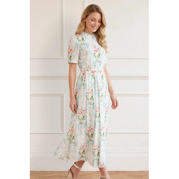 Needle & Thread Floral Ribbon Cotton Short Sleeve Ballerina Dress in Optic White/Blue - Dresses - British Luxury Evening Wear at Coveti