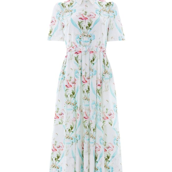 Needle & Thread Floral Ribbon Cotton Short Sleeve Ballerina Dress in Optic White/Blue - Dresses - British Luxury Evening Wear at Coveti