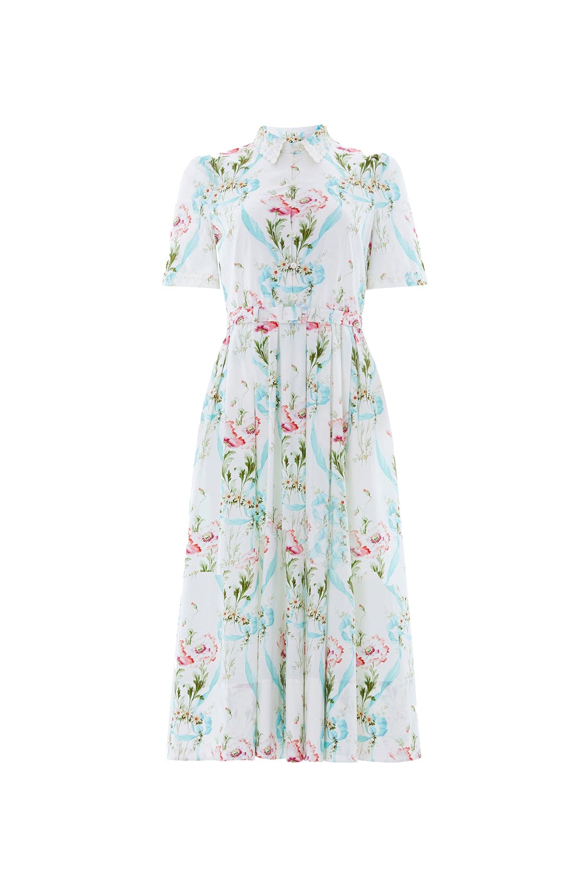 Needle & Thread Floral Ribbon Cotton Short Sleeve Ballerina Dress in Optic White/Blue - Dresses - British Luxury Evening Wear at Coveti