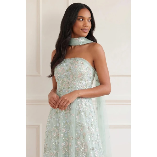 Needle & Thread Forget-Me-Not Strapless Gown in Sea Mist/Multi - Dresses - British Luxury Evening Wear at Coveti