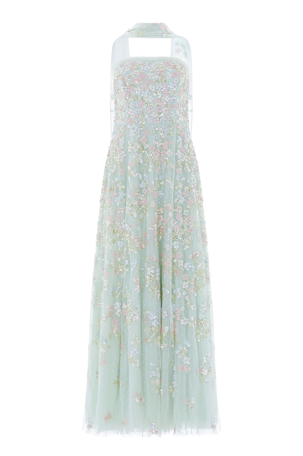 Needle & Thread Forget-Me-Not Strapless Gown in Sea Mist/Multi - Dresses - British Luxury Evening Wear at Coveti