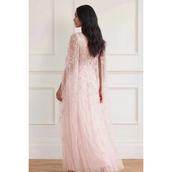 Needle & Thread Freesia Shimmer Cape Sleeve Ankle Gown in Opal - Dresses - British Luxury Evening Wear at Coveti
