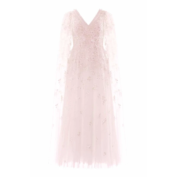 Needle & Thread Freesia Shimmer Cape Sleeve Ankle Gown in Opal - Dresses - British Luxury Evening Wear at Coveti