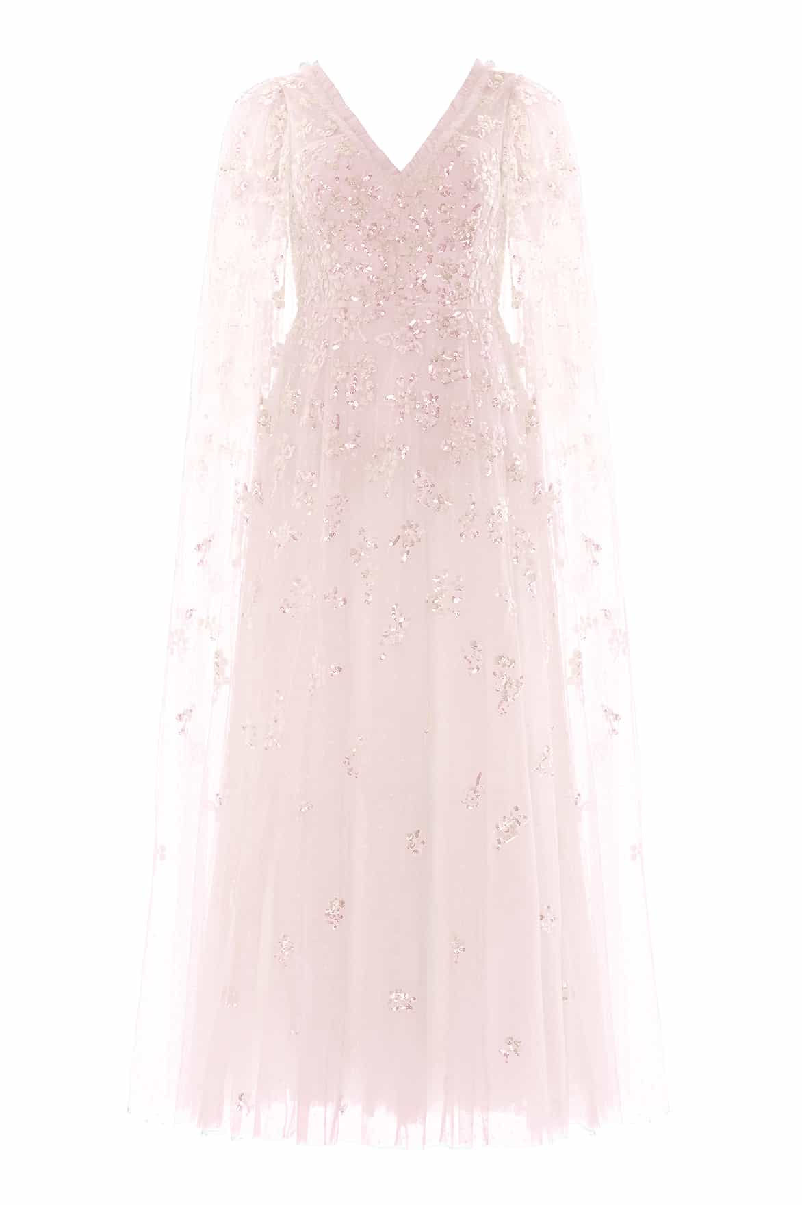 Needle & Thread Freesia Shimmer Cape Sleeve Ankle Gown in Opal - Dresses - British Luxury Evening Wear at Coveti