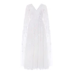 Needle & Thread Freesia Shimmer Cape Sleeve Ankle Gown in Swan White/Pink - Dresses - British Luxury Evening Wear at Coveti