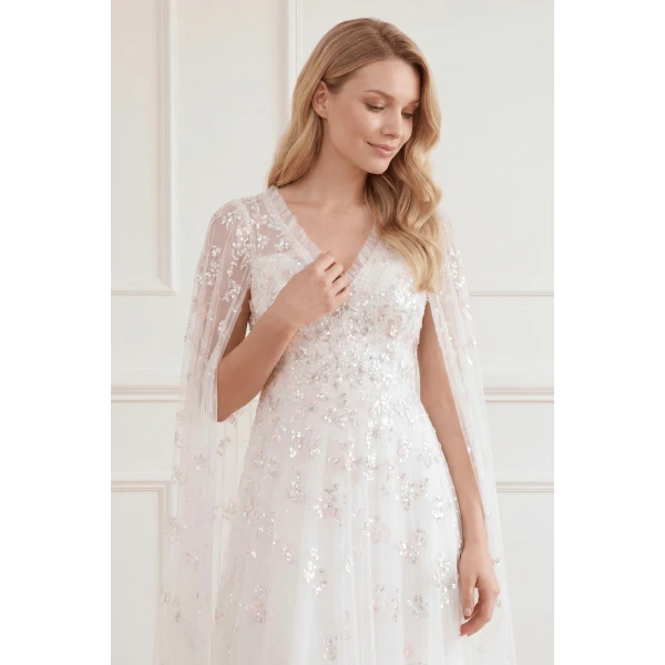 Needle & Thread Freesia Shimmer Cape Sleeve Ankle Gown in Swan White/Pink - Dresses - British Luxury Evening Wear at Coveti