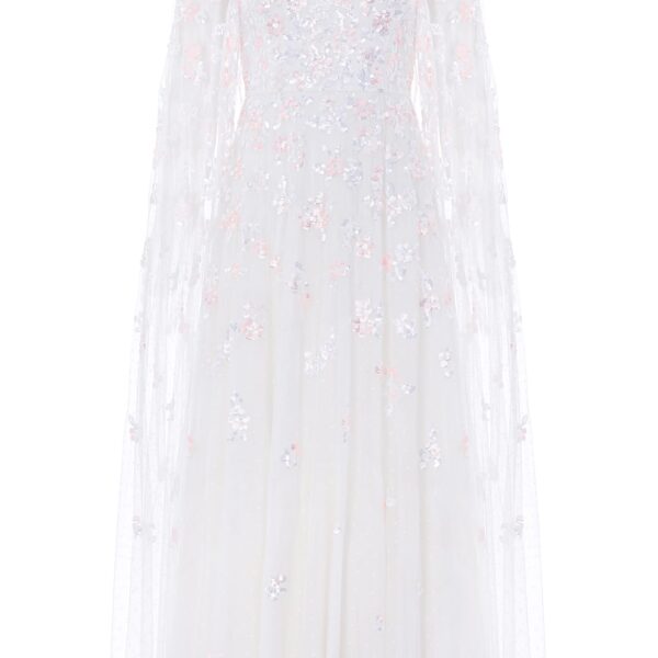 Needle & Thread Freesia Shimmer Cape Sleeve Ankle Gown in Swan White/Pink - Dresses - British Luxury Evening Wear at Coveti