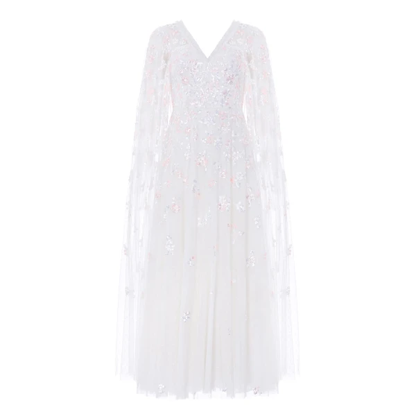 Needle & Thread Freesia Shimmer Cape Sleeve Ankle Gown in Swan White/Pink - Dresses - British Luxury Evening Wear at Coveti