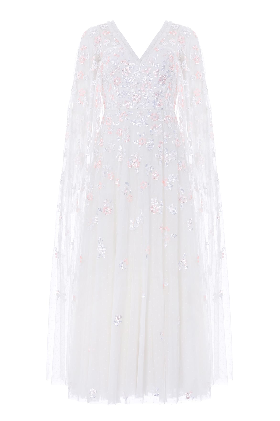 Needle & Thread Freesia Shimmer Cape Sleeve Ankle Gown in Swan White/Pink - Dresses - British Luxury Evening Wear at Coveti