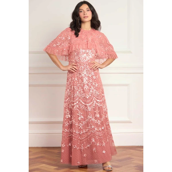 Needle & Thread Freya Cape Ankle Gown in Misty Rose - Dresses - British Luxury Evening Wear at Coveti