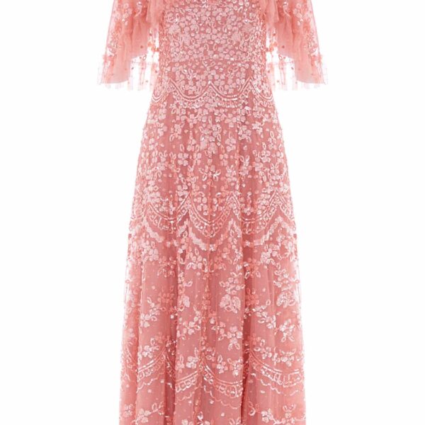 Needle & Thread Freya Cape Ankle Gown in Misty Rose - Dresses - British Luxury Evening Wear at Coveti