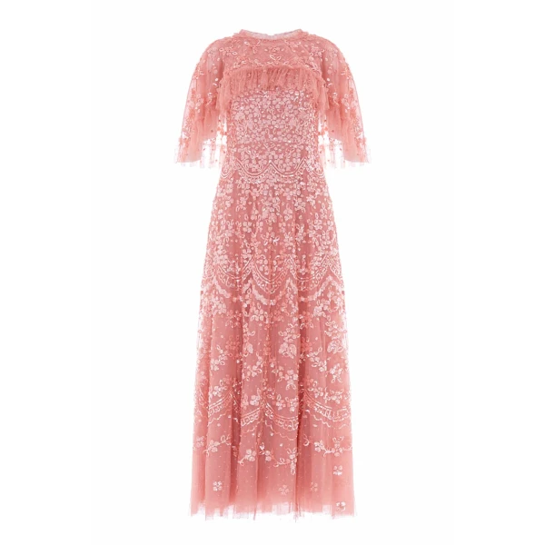 Needle & Thread Freya Cape Ankle Gown in Misty Rose - Dresses - British Luxury Evening Wear at Coveti