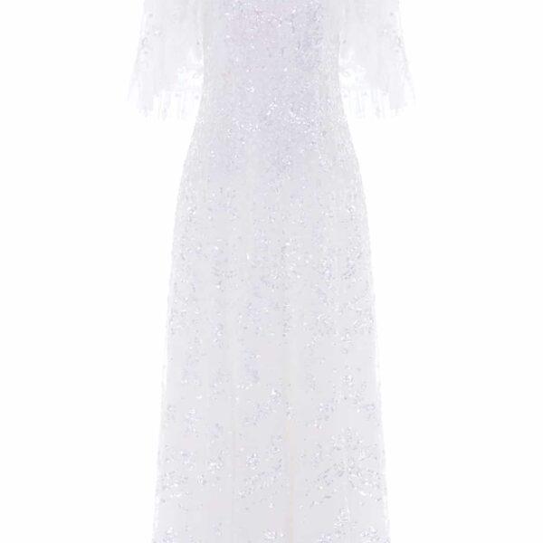 Needle & Thread Freya Cape Ankle Gown in Swan White - Dresses - British Luxury Evening Wear at Coveti