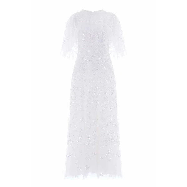 Needle & Thread Freya Cape Ankle Gown in Swan White - Dresses - British Luxury Evening Wear at Coveti