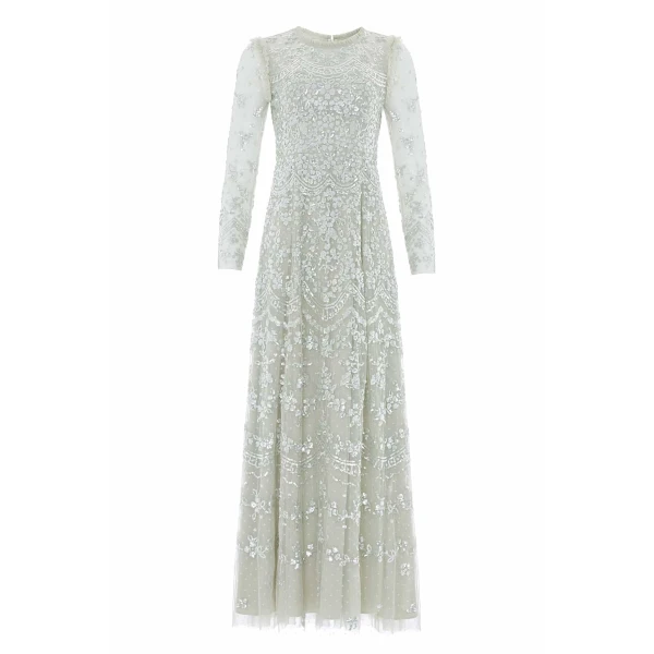 Needle & Thread Freya Long Sleeve Gown in Seafoam - Dresses - British Luxury Evening Wear at Coveti