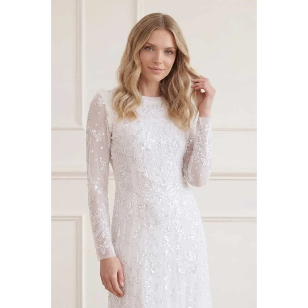 Needle & Thread Freya Long Sleeve Gown in Swan White - Dresses - British Luxury Evening Wear at Coveti