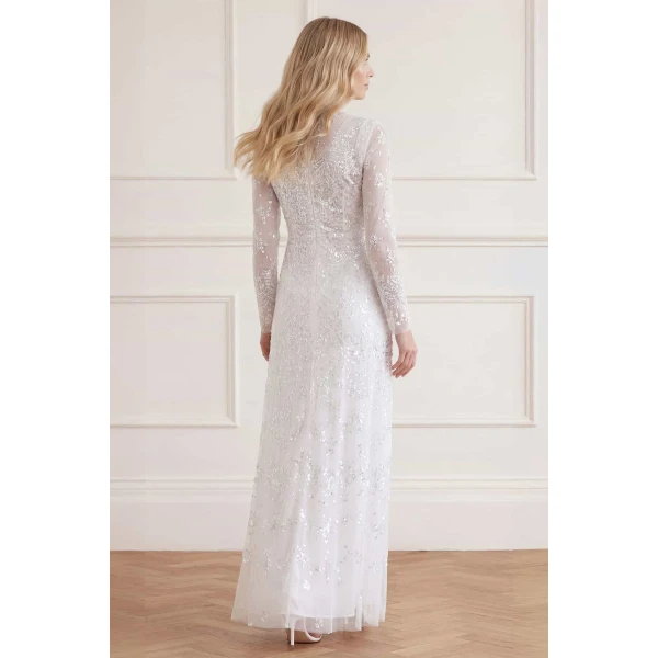 Needle & Thread Freya Long Sleeve Gown in Swan White - Dresses - British Luxury Evening Wear at Coveti