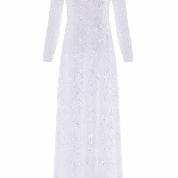 Needle & Thread Freya Long Sleeve Gown in Swan White - Dresses - British Luxury Evening Wear at Coveti