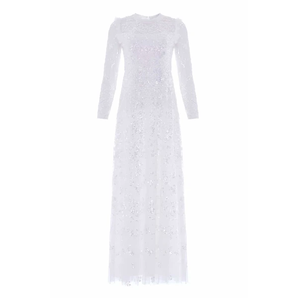 Needle & Thread Freya Long Sleeve Gown in Swan White - Dresses - British Luxury Evening Wear at Coveti
