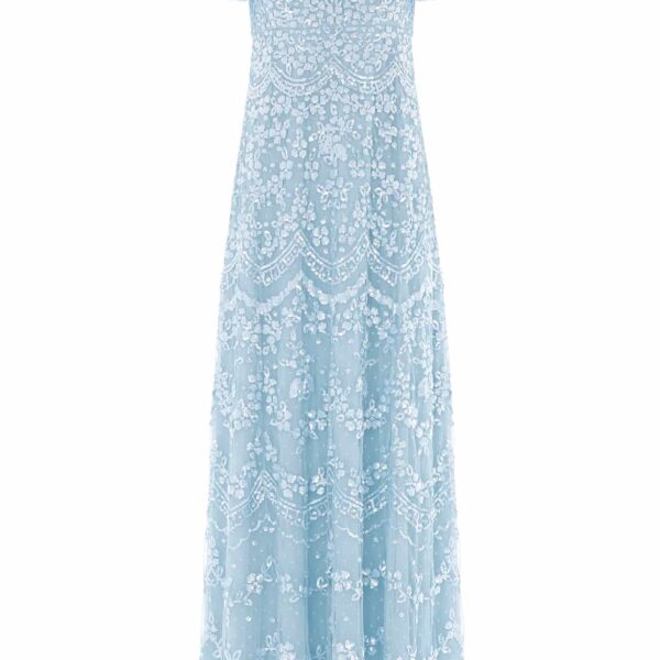 Needle & Thread Freya V-Neck Gown in Aqua - Dresses - British Luxury Evening Wear at Coveti
