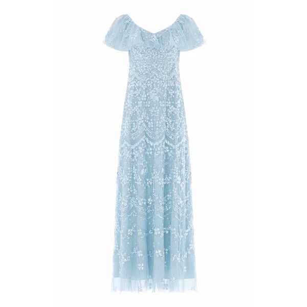 Needle & Thread Freya V-Neck Gown in Aqua - Dresses - British Luxury Evening Wear at Coveti