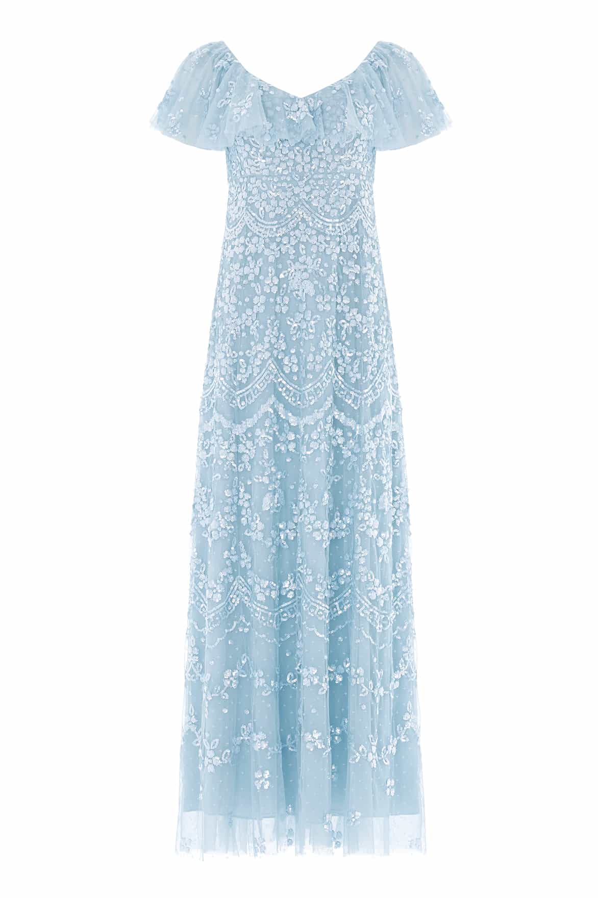 Needle & Thread Freya V-Neck Gown in Aqua - Dresses - British Luxury Evening Wear at Coveti