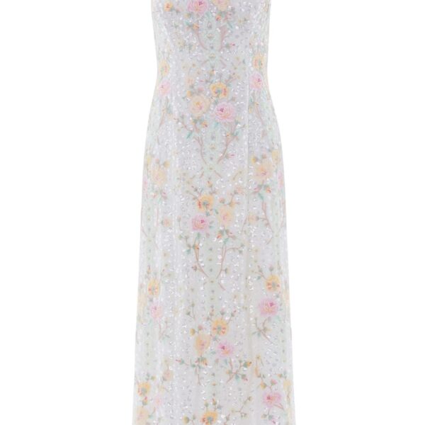 Needle & Thread Garden Rose Dot Cami Ankle Gown in Swan White/Pastel - Dresses - British Luxury Evening Wear at Coveti