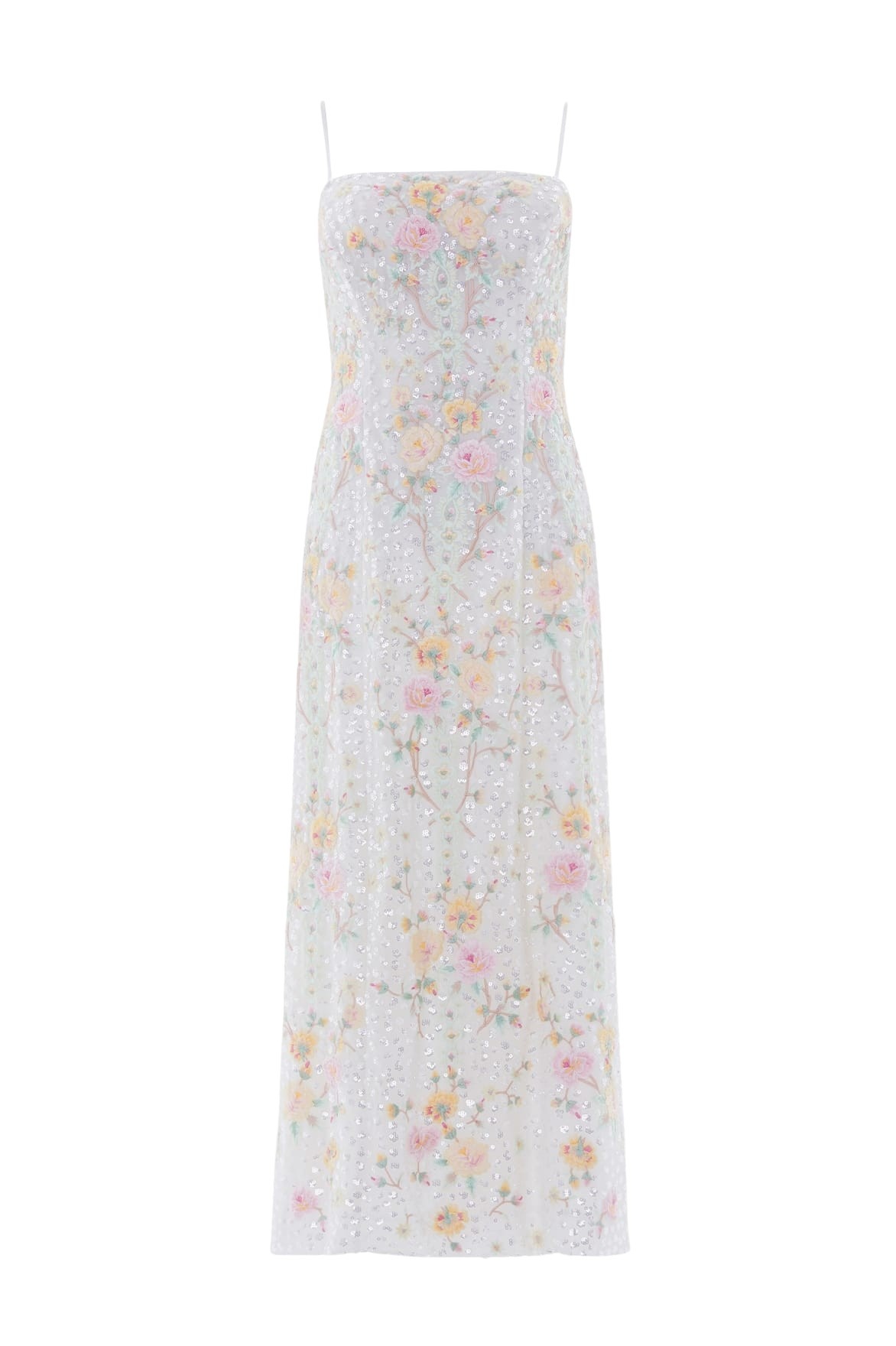 Needle & Thread Garden Rose Dot Cami Ankle Gown in Swan White/Pastel - Dresses - British Luxury Evening Wear at Coveti