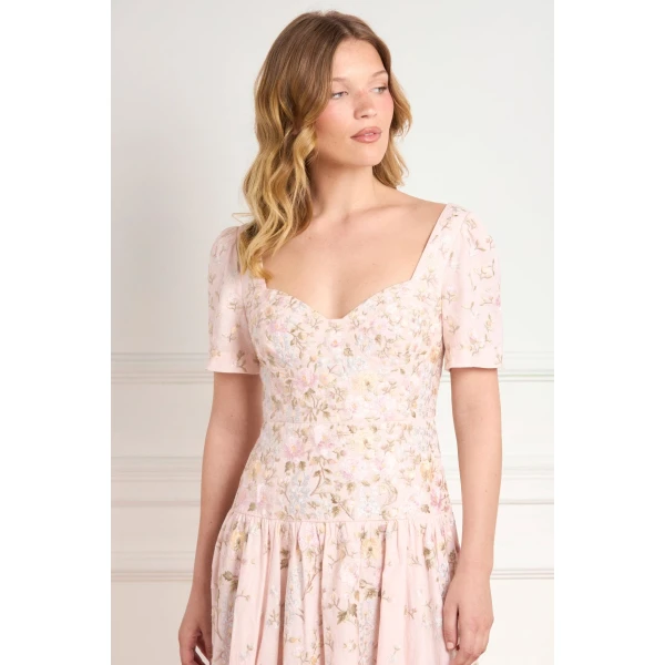 Needle & Thread Garden Rose Linen Blend Ballerina Dress in Shell/Pastel Blue - Dresses - British Luxury Evening Wear at Coveti