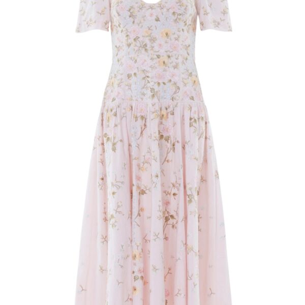 Needle & Thread Garden Rose Linen Blend Ballerina Dress in Shell/Pastel Blue - Dresses - British Luxury Evening Wear at Coveti