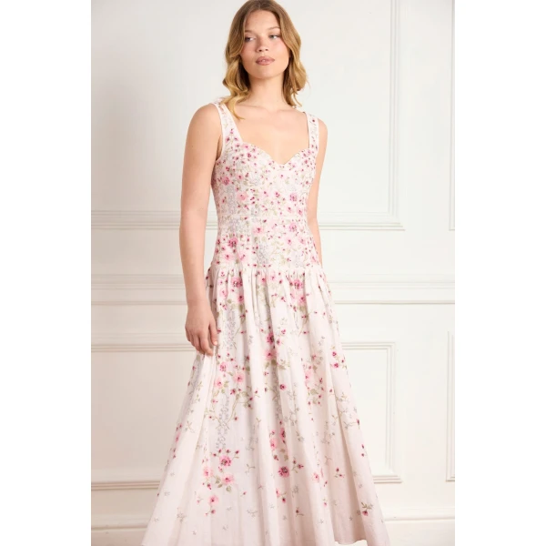 Needle & Thread Garden Rose Linen Blend Sleeveless Ankle Gown in Swan White/Bright - Dresses - British Luxury Evening Wear at Coveti