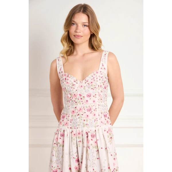 Needle & Thread Garden Rose Linen Blend Sleeveless Ankle Gown in Swan White/Bright - Dresses - British Luxury Evening Wear at Coveti