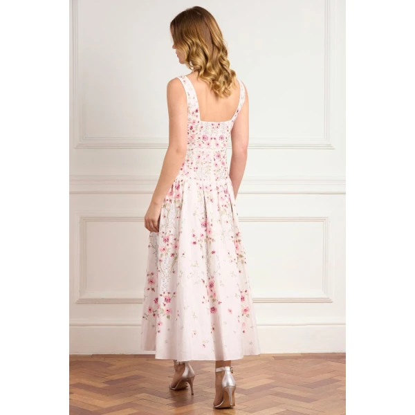 Needle & Thread Garden Rose Linen Blend Sleeveless Ankle Gown in Swan White/Bright - Dresses - British Luxury Evening Wear at Coveti