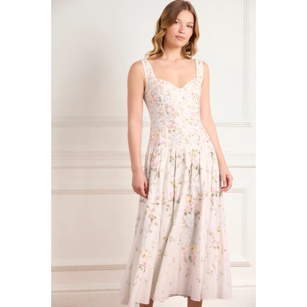 Needle & Thread Garden Rose Linen Blend Sleeveless Ankle Gown in Swan White/Pastel Blue - Dresses - British Luxury Evening Wear at Coveti