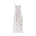 Needle & Thread Garden Rose Linen Blend Sleeveless Ankle Gown in Swan White/Pastel Blue - Dresses - British Luxury Evening Wear at Coveti