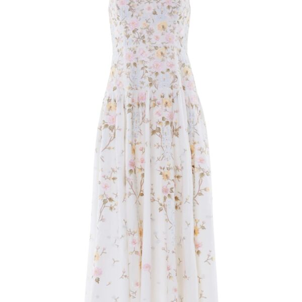 Needle & Thread Garden Rose Linen Blend Sleeveless Ankle Gown in Swan White/Pastel Blue - Dresses - British Luxury Evening Wear at Coveti