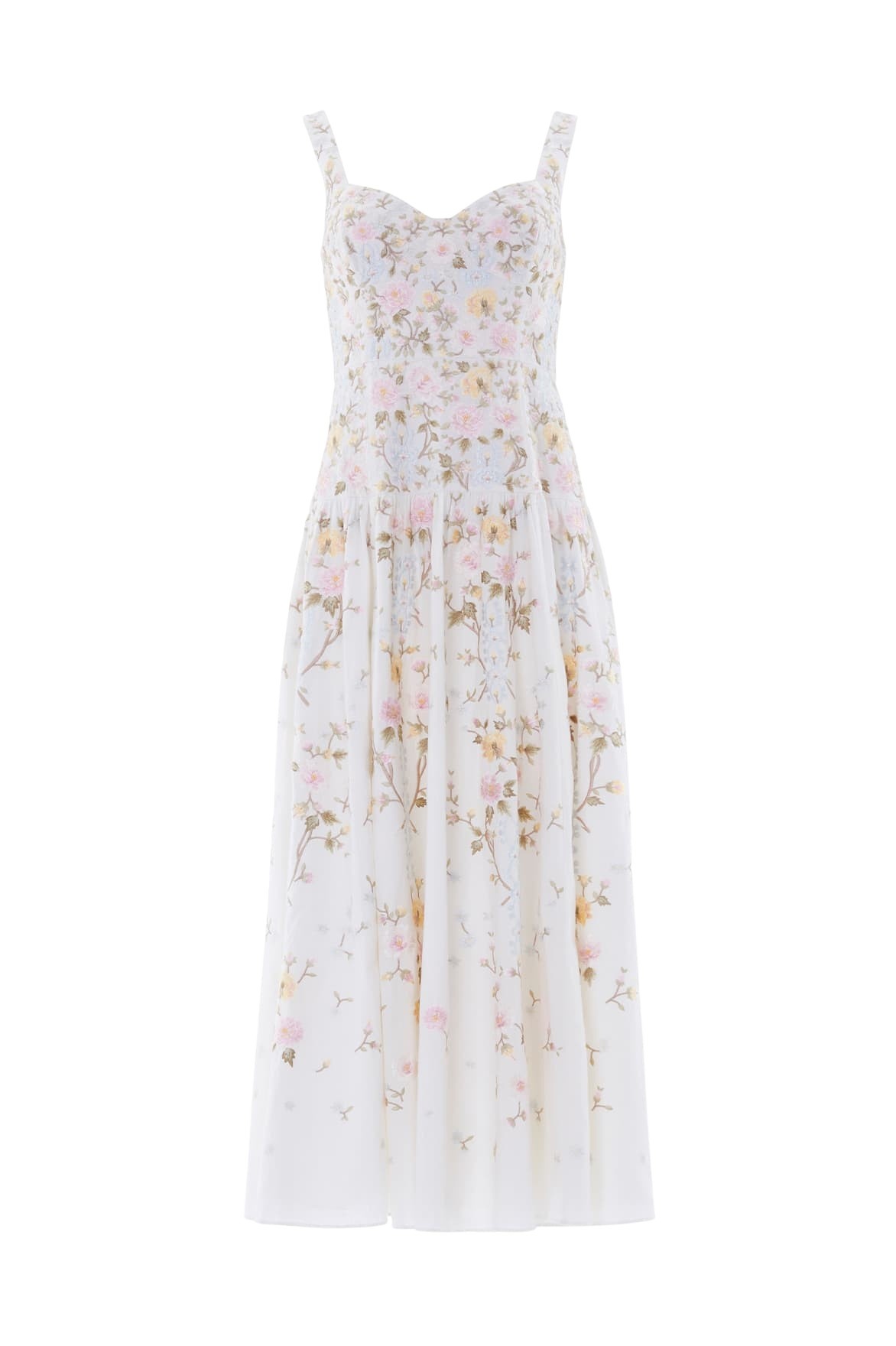 Needle & Thread Garden Rose Linen Blend Sleeveless Ankle Gown in Swan White/Pastel Blue - Dresses - British Luxury Evening Wear at Coveti