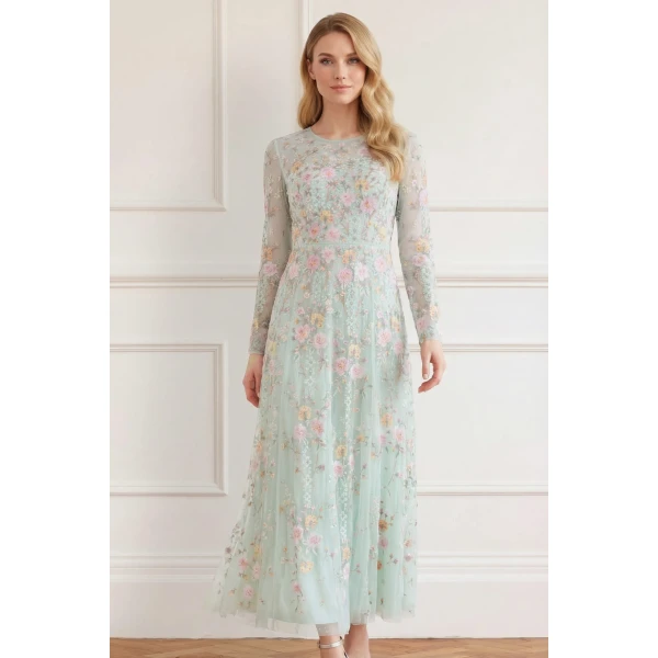 Needle & Thread Garden Rose Long Sleeve Ankle Gown in Sea Mist/Pastel Mint - Dresses - British Luxury Evening Wear at Coveti