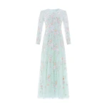 Needle & Thread Garden Rose Long Sleeve Ankle Gown in Sea Mist/Pastel Mint - Dresses - British Luxury Evening Wear at Coveti